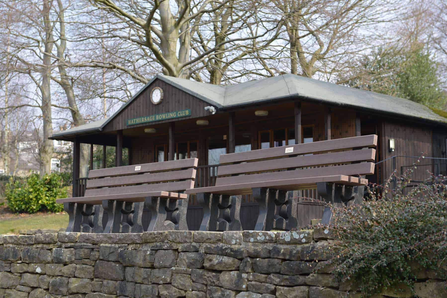 TDP's classic peak bench made from receycled plastic waste outside Hathersage bowling club