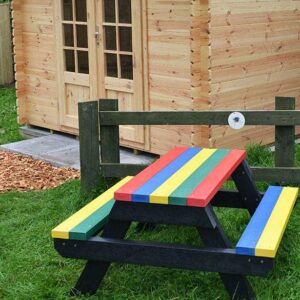 Brightly coloured Macaw bench made from recycled plastic