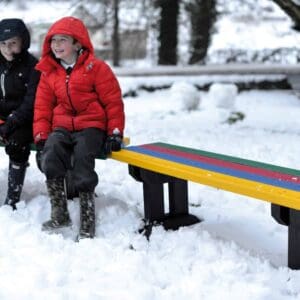 Toucan recycled plastic kids benchrecycled plastic Toucan in snow with kids
