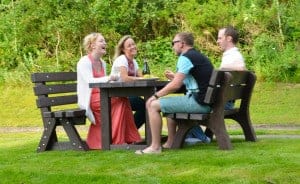 Outdoor dining table and seats made in the UK from recycled plastic. Made by TDP of Wirksworth in Derbyshire