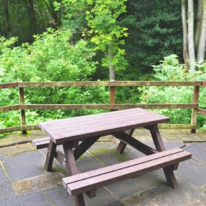Recycled plastic picnic bench sited at the Brownies camp house in Derbyshire