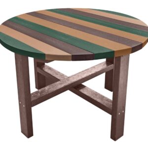 Earthy coloured garden table made from recycled plastic that looks like wood