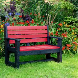 TDP’s Wirksworth seat with red slats, made from recycled plastic waste