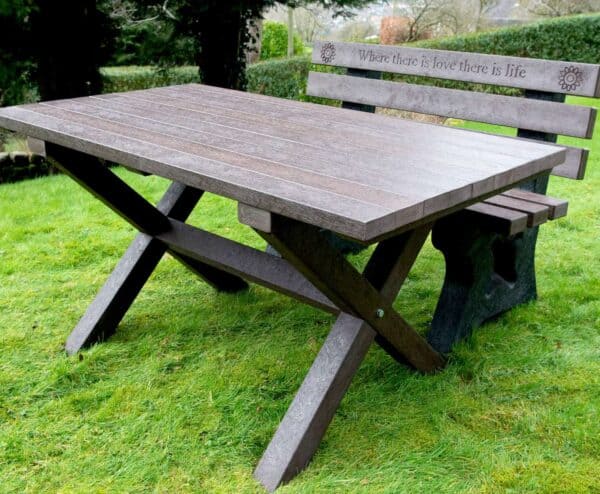 TDP's Wheatcroft table featured with the Peak bench. Both made from recycled plastic waste