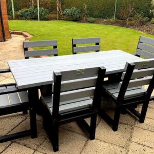 TDP New Wheatcroft table with four Cromford Chairs and two Belper Chairs, made from Recycled Plastic - urban grey - outdoor dining