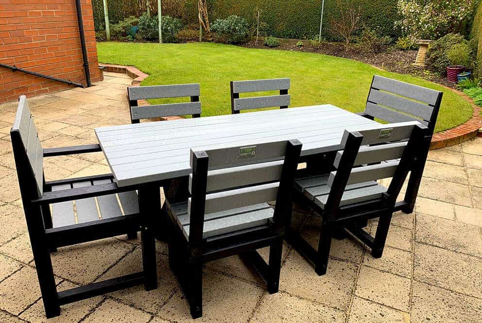 TDP New Wheatcroft table with four Cromford Chairs and two Belper Chairs, made from Recycled Plastic - urban grey - outdoor dining