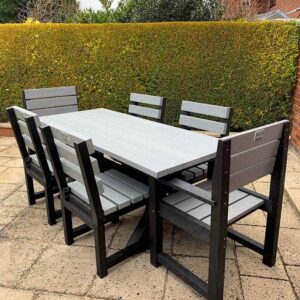TDP New Wheatcroft table with four Cromford Chairs and two Belper Chairs, made from Recycled Plastic top view - outdoor dining