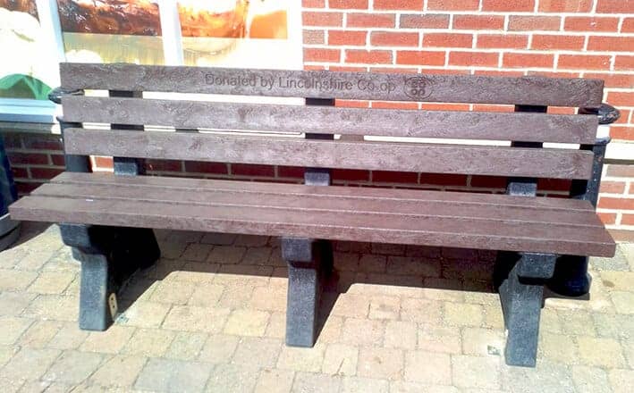 TDP Peak 2wm seat made from recycled Plastic at the Co Op in Lincolnshire with engraving