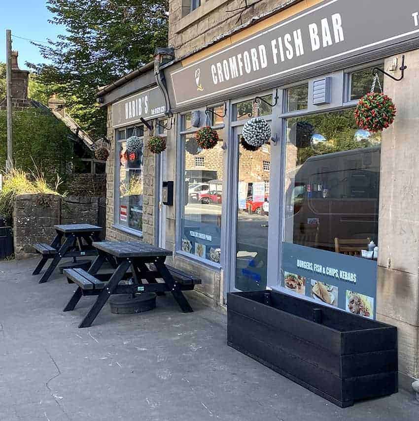 TDP springbank picnic tables and Longwood planter outside Cromford Fish and Chip Shop