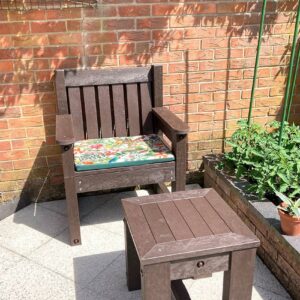 TDP Derwent seat and Valley table made from recycled plastic waste with Tropical Seat Cushions