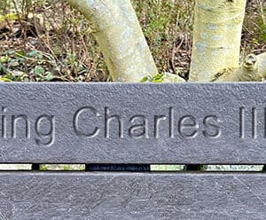 King Charles Coronation engraving close up on a TDP Wirksworth bench