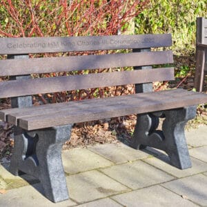 King Charles III coronation commemorative three seater bench with Engraving. Made from recycled plastic TDP Peak seat 1.5m in brown