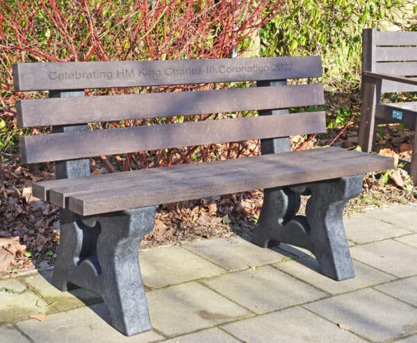 King Charles III coronation commemorative three seater bench with Engraving. Made from recycled plastic TDP Peak seat 1.5m in brown