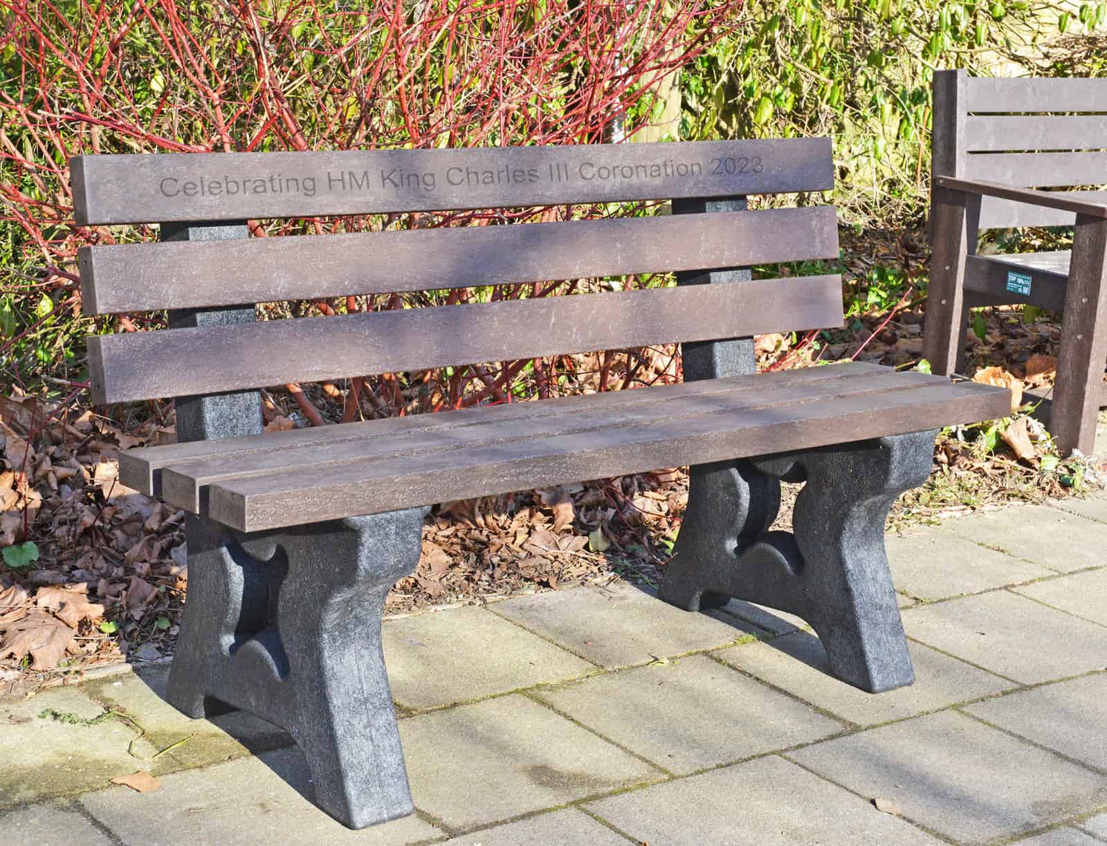 King Charles III coronation commemorative three seater bench with Engraving. Made from recycled plastic TDP Peak seat 1.5m in brown
