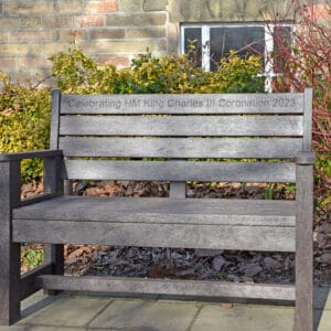 King Charles III coronation commemorative two seater bench with Engraving. Made from recycled plastic TDP Wirksworth 1.2m in brown