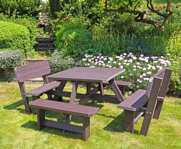 TDP Recycled Bakewell picnic table in brown with backrests