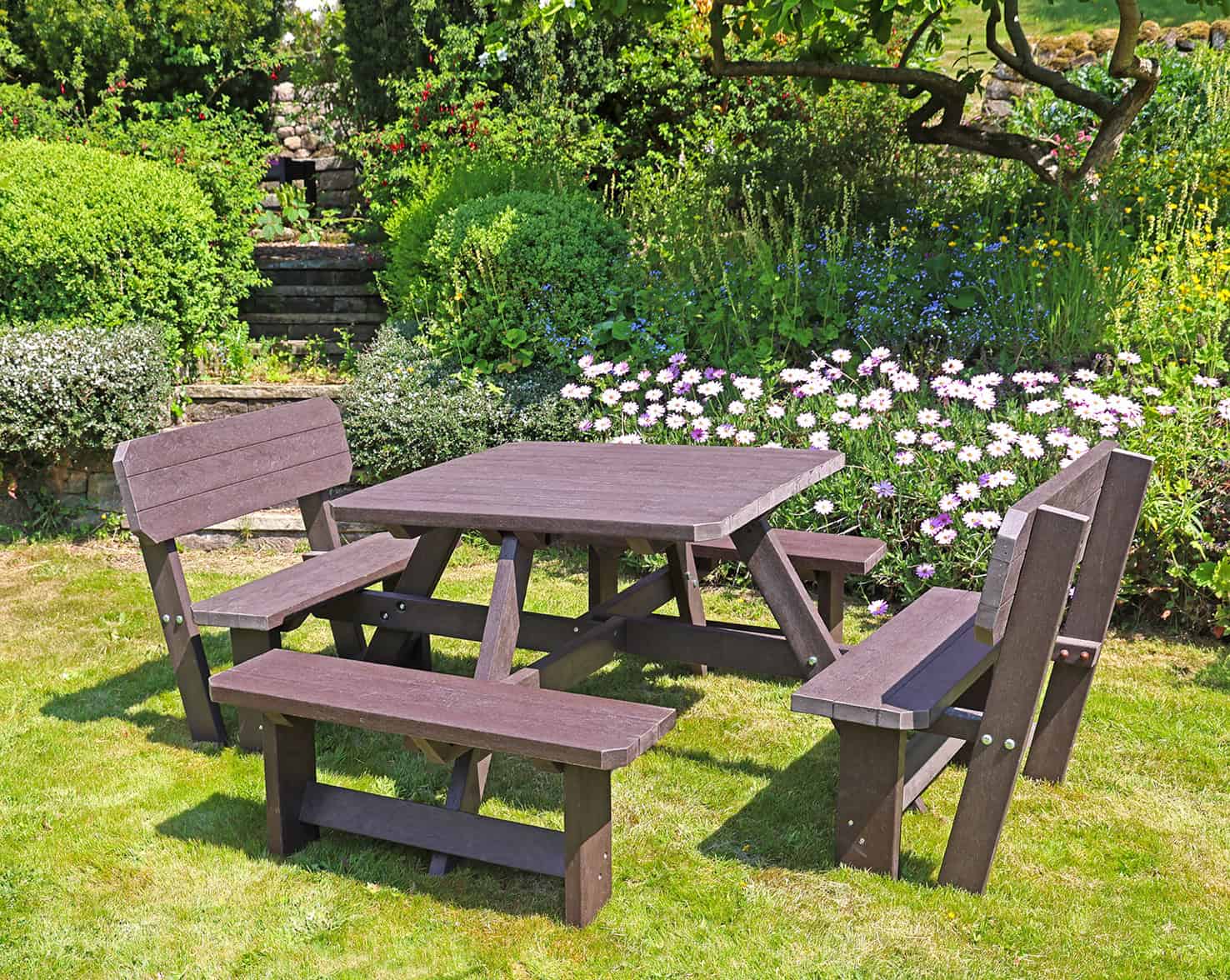 TDP Recycled Bakewell picnic table in brown with backrests