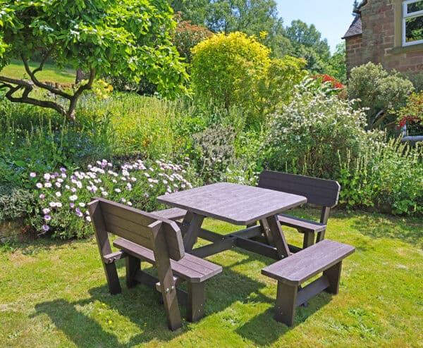 TDP Recycled Bakewell picnic table in brown with backrests