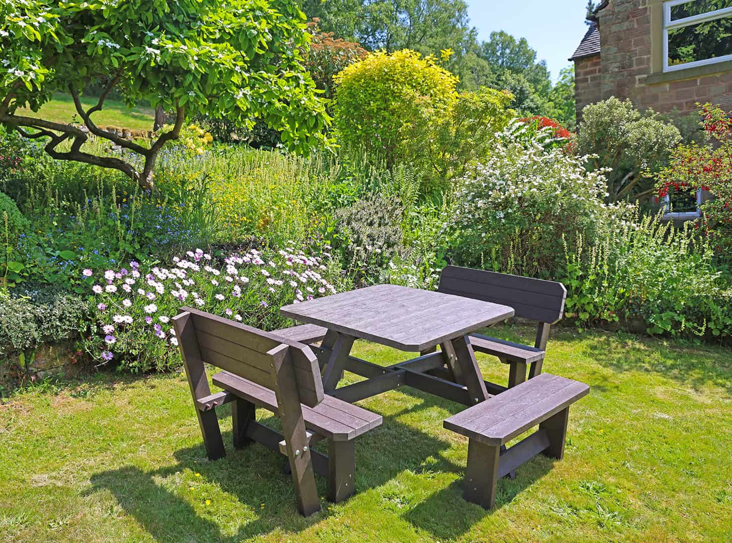 TDP Recycled Bakewell picnic table in brown with backrests